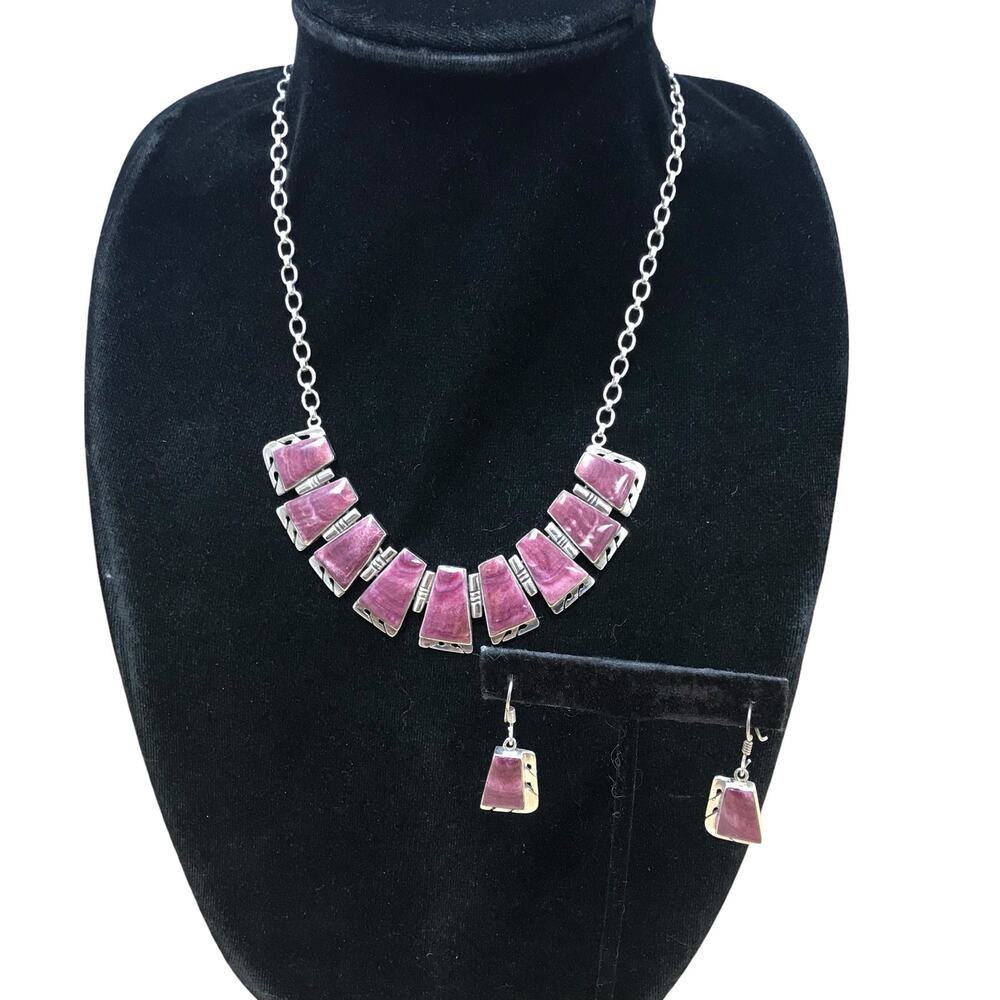 Navajo Sterling Silver Purple Spiny Oyster Jewelry Set Fan Collar Pierced 49g